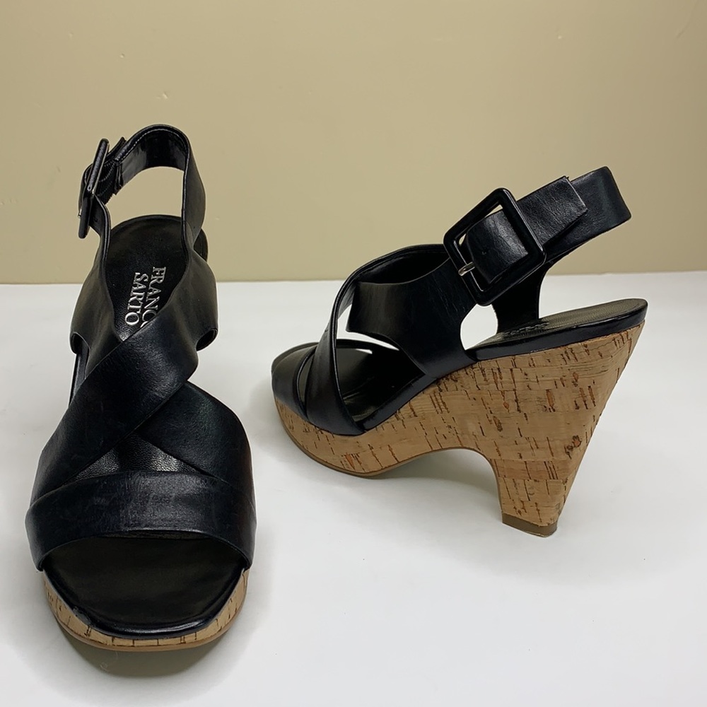 FRANCO SARTO “Talk” Leather Black Platform Cork Wedge Sandal, 6.5 M